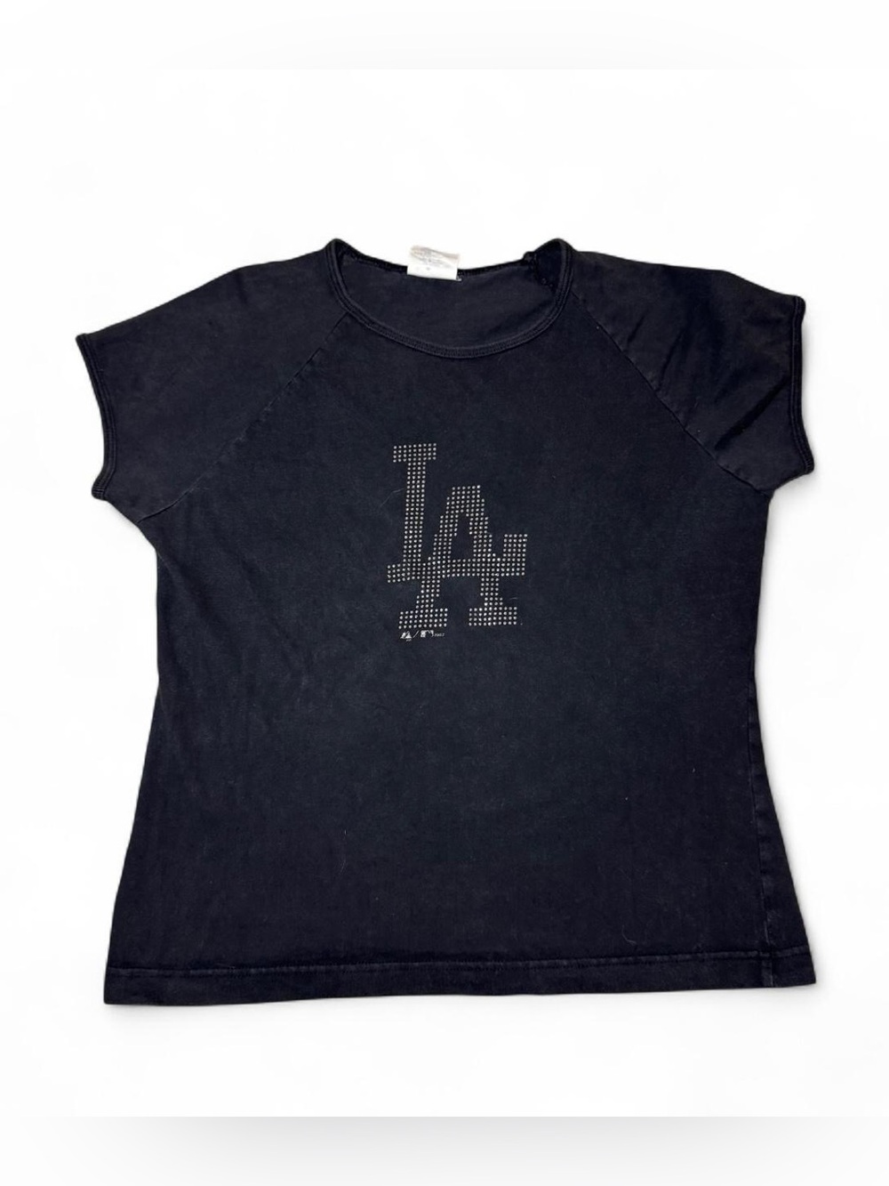 Vintage Y2K Black LA Dodgers baseball baby tee cropped with sparkle dots large🐚